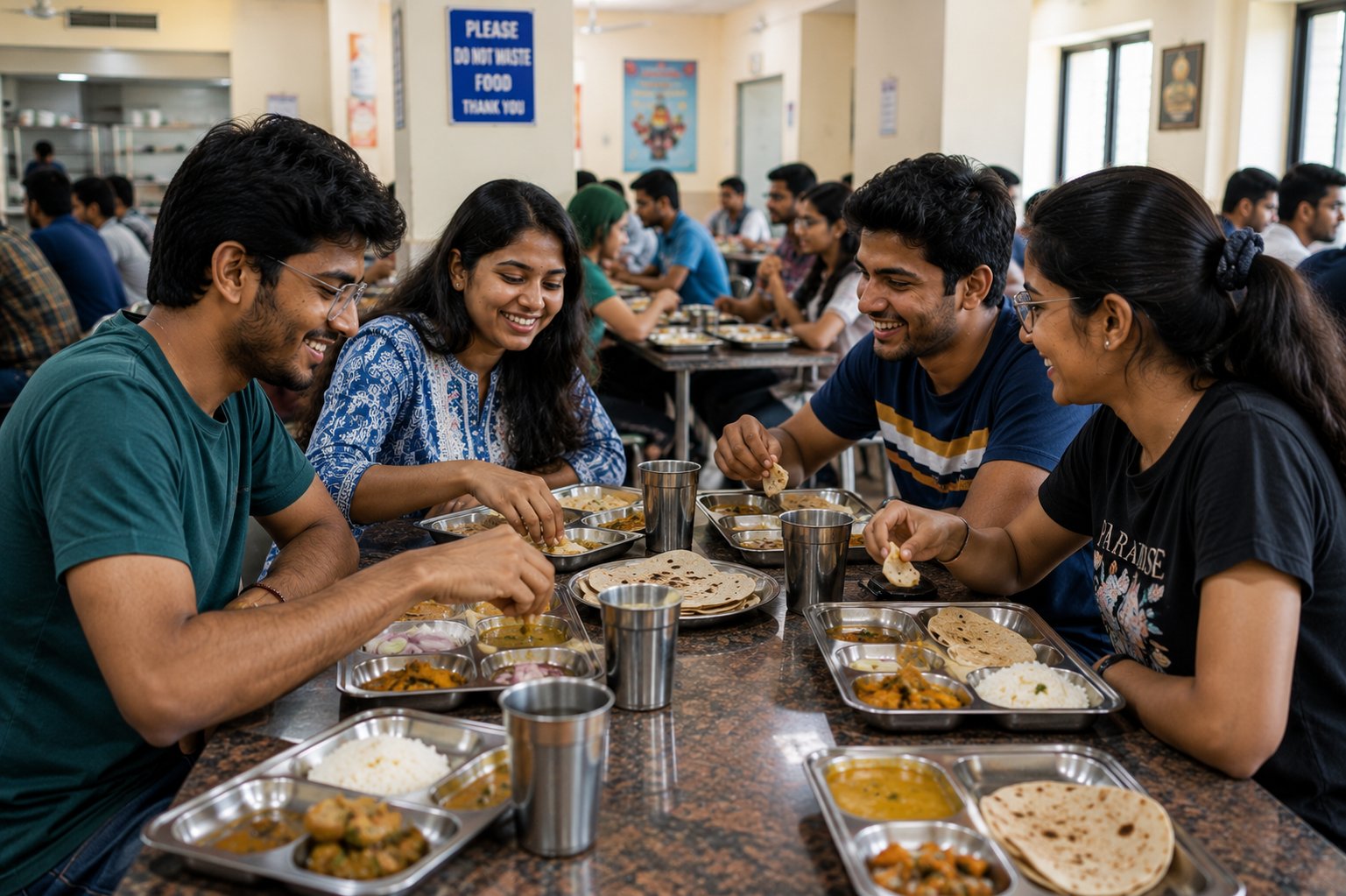 Indian students enjoying North Indian food at DMSF hostel mess