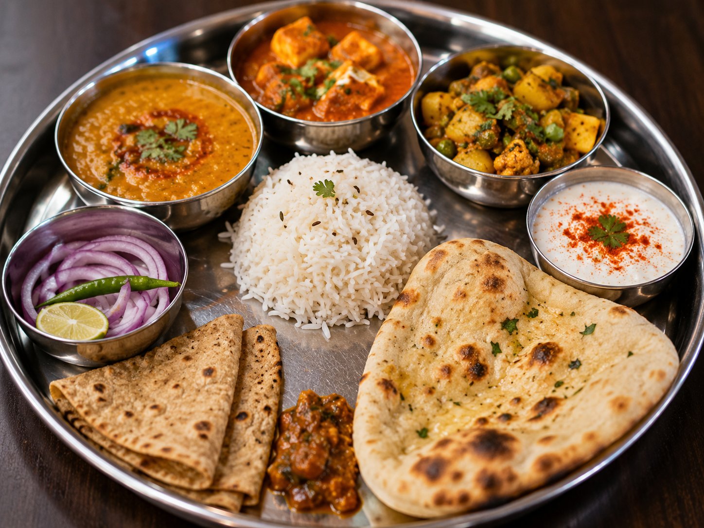 North Indian Thali — Dal, Paneer, Chapati, Naan at DMSF