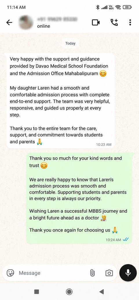 Real WhatsApp review Lauren parent DMSF Mahabalipuram admission office