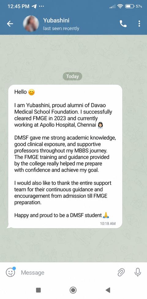 Real WhatsApp review Dr Yubashini DMSF alumni FMGE 2023 Apollo Hospital Chennai