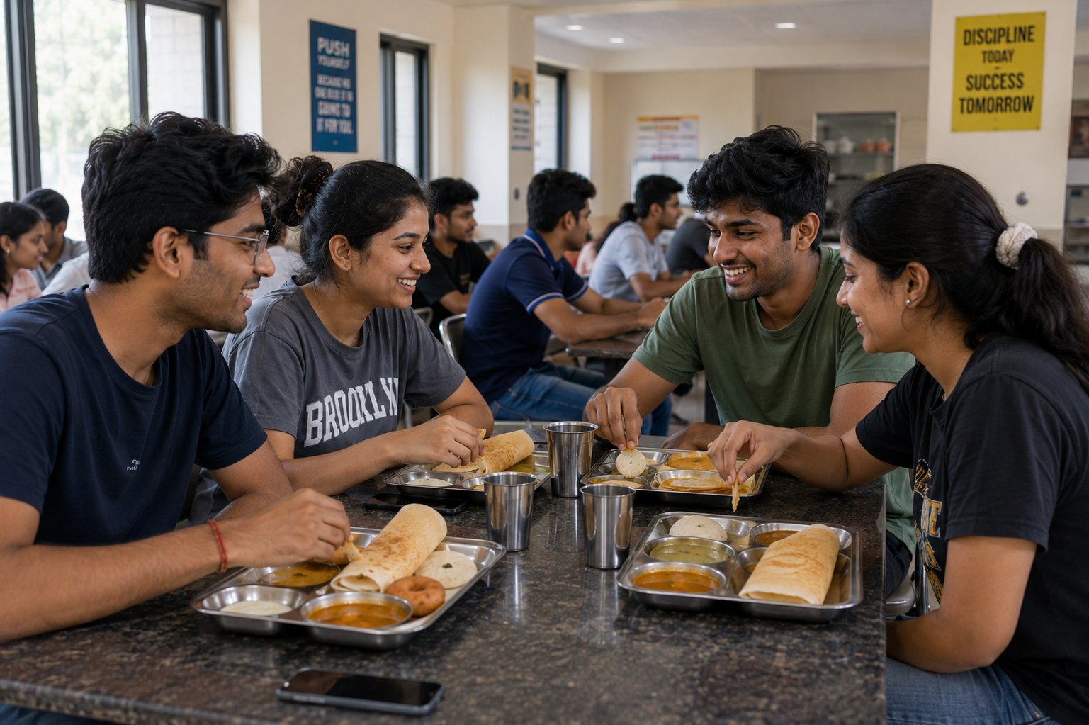 Indian students eating South Indian food at DMSF mess — Dosa, Idli, Sambar